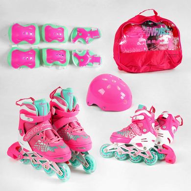Ролики для дівчинки с захистом, розмір 31-34 рожеві, колеса PU, переднє колесо з підсвіткою