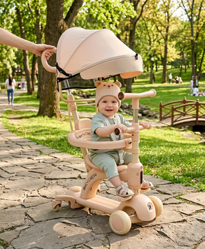 Самокат 5в1 Skyper LF-03692 с бортиками, родительской ручкой, козырьком, музыка свет платформы, бежевый