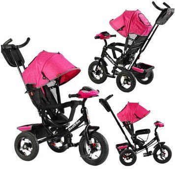 Велосипед детский с родительской ручкой розовый Best Trike, надувные колеса, музыкальная фара с USB, пульт