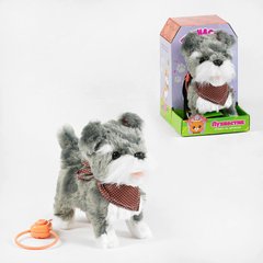Інтерактивна іграшка Собачка Пухнастик, м'яка, рухається, звуки, сіра, на повідку